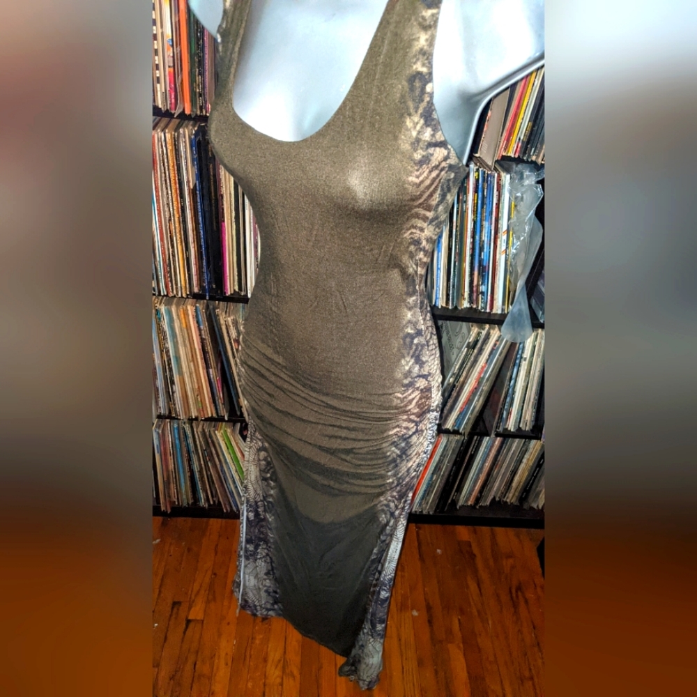 SKY Brand maxi ruched dress olive and snakeskin